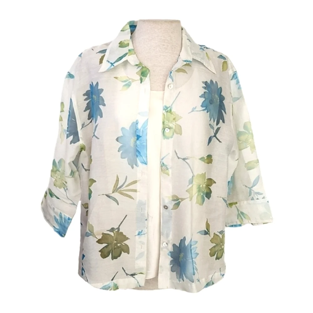 Notations Blouse Y2K Sheer Floral Button Down Blouse White Size XL - Picture 3 of 16